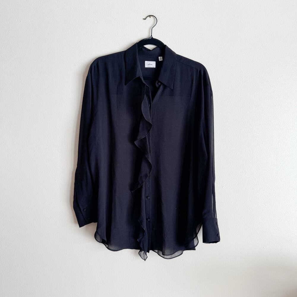 Wilfred Black Semi-Sheer Ruffle Button Up Collared Blouse Medium Business Girly